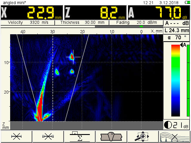 A1525 Solo - Lightweight TFM Phased Array Ultrasonic Flaw Detector 10 A1525 Solo B-scan with detected flaw