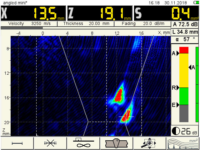 A1525 Solo - Lightweight TFM Phased Array Ultrasonic Flaw Detector 12 A1525 Solo B-scan display