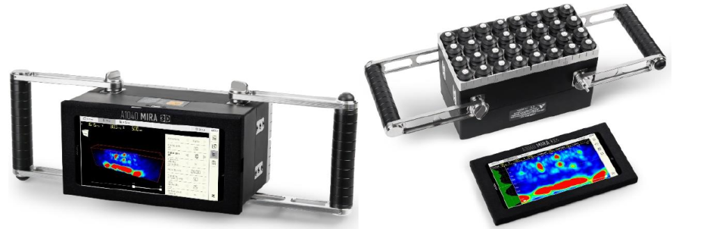 Ultrasonic tomography system for concrete testing with a 4 x 8 = 32 element array.