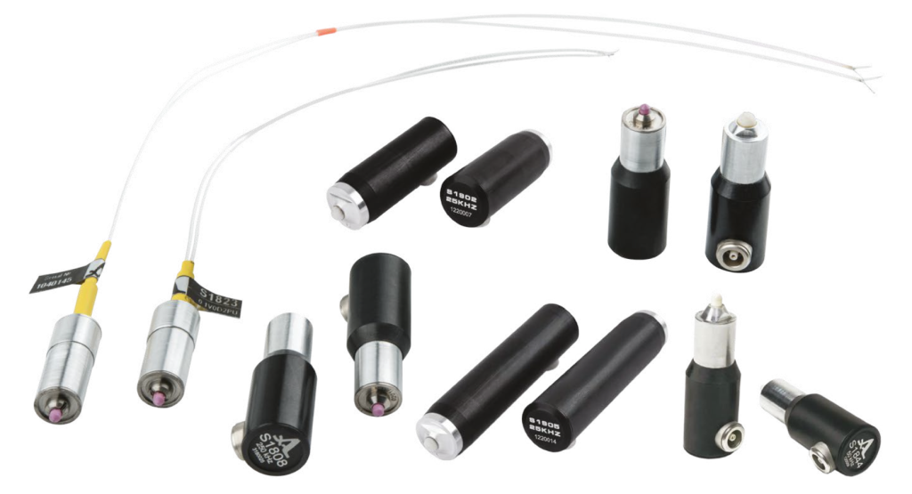 Point-contact elements of a DPC transducer: the actual contact area is far smaller than the geometric area, but high local pressure ensures effective ultrasonic coupling