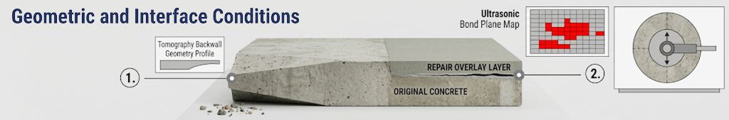 Illustration of geometric and interface defects in concrete (thickness, backwall, overlay bond)