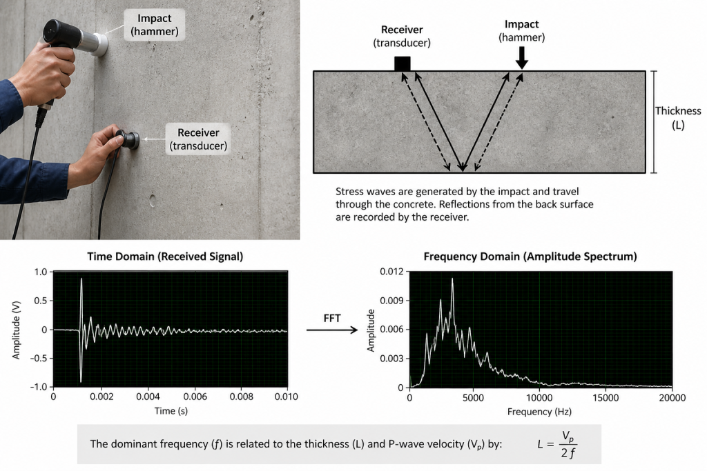 Schematic of the Impact-Echo method: impactor, sensor, and frequency analysis