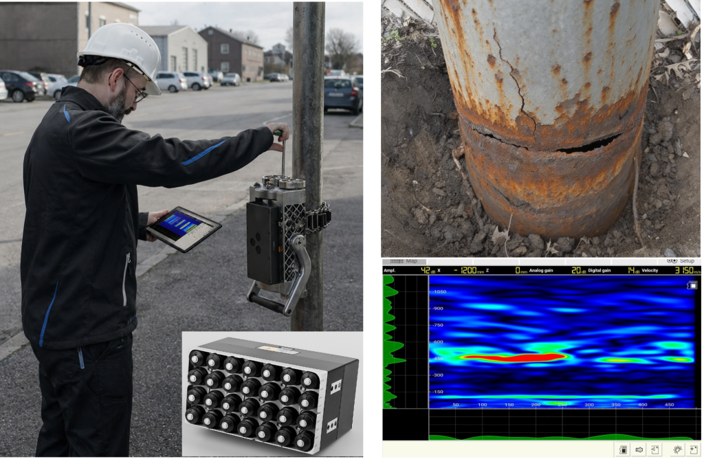 Detection of hidden corrosion in metallic utility poles with a guided-wave system based on an array of 32 DPC transducers (circumferential scanning, SAFT B-scan)