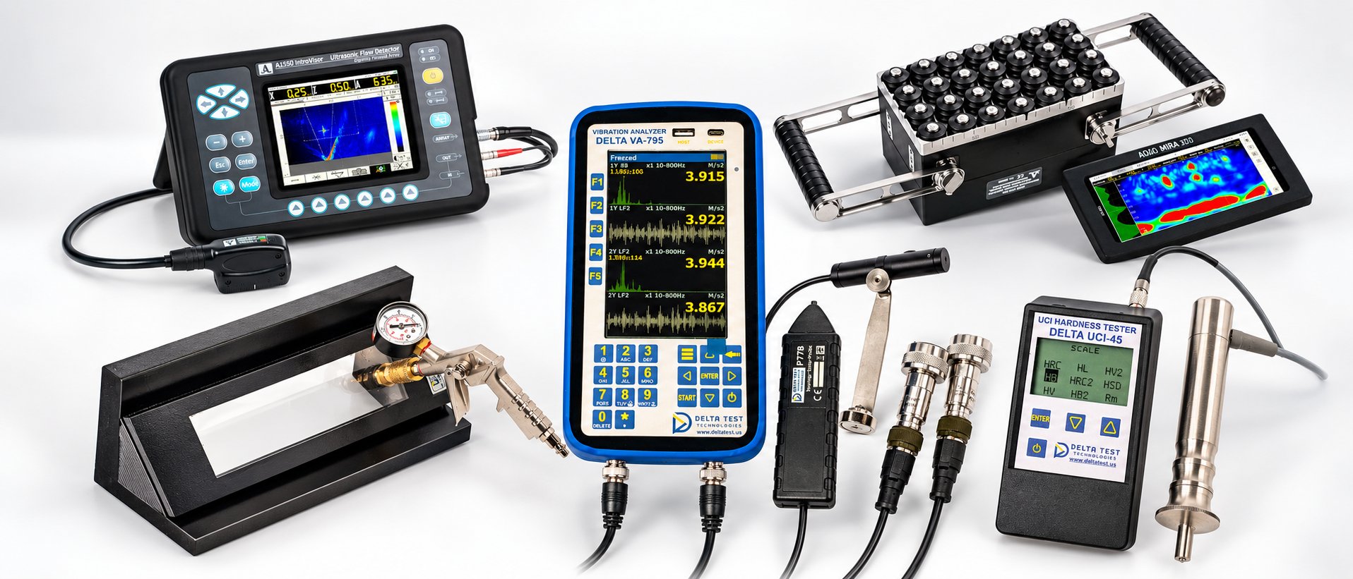 Delta Test Technologies NDT instruments: ultrasonic flaw detectors, vibration analyzer, hardness tester and leak testing equipment